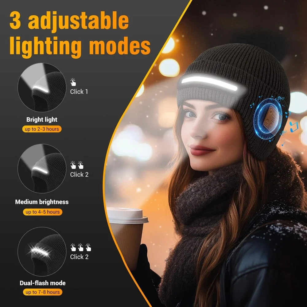 Wewow Unisex Black Bluetooth Beanie Light USB Rechargeable Warm Knitted ONE SZ